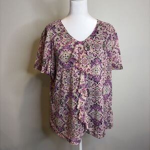 Croft & Barrow Ruffle Front Top 2X Women's Lined Purple Floral Cottagecore Boho